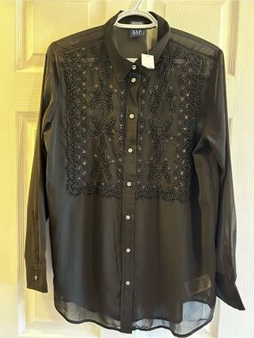 GAP Black Beaded Sheer Long-Sleeve Blouse